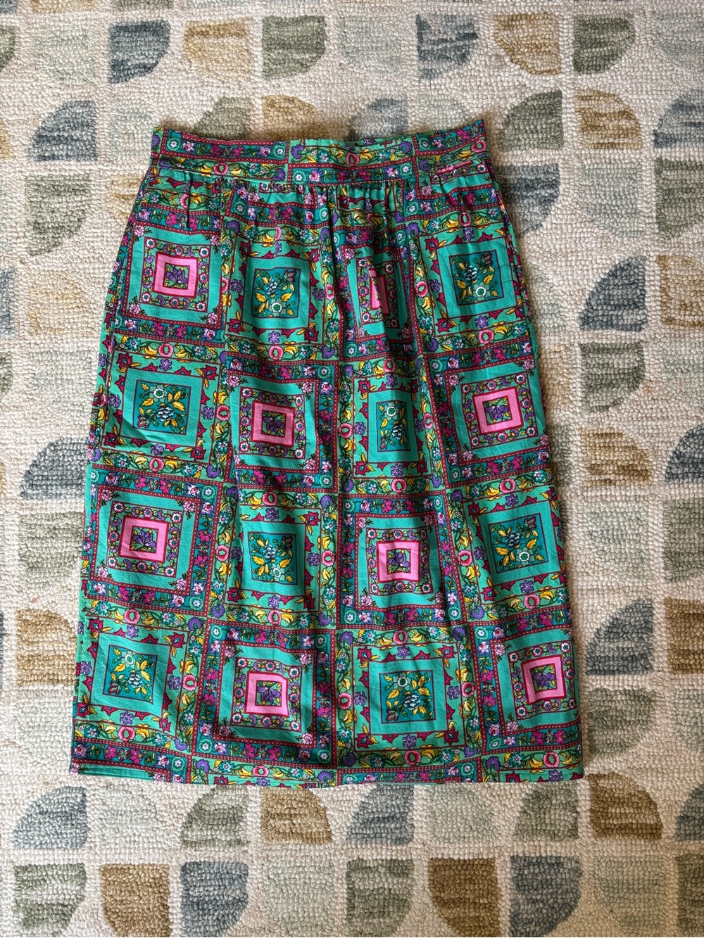 Vintage 60s 70s Vibrant Teal & Pink Patterned Women's Skirt